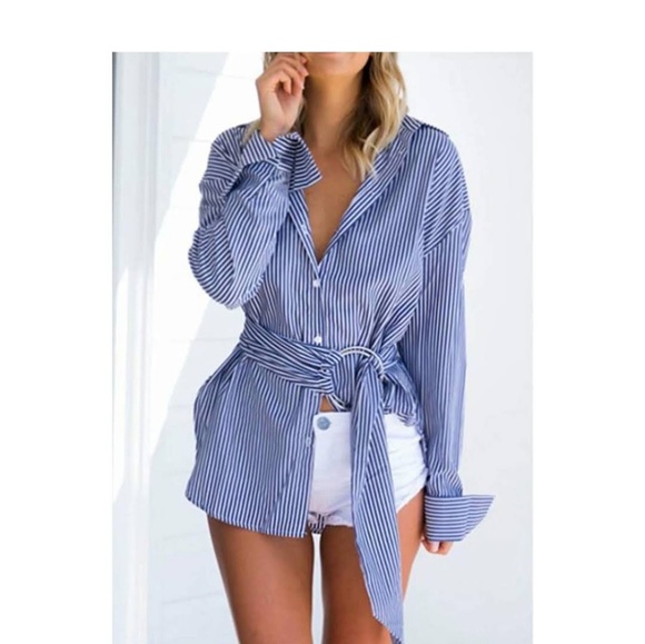 Black Label Boho Tops - RIMINI Striped Boyfriend Button Down Belted Top